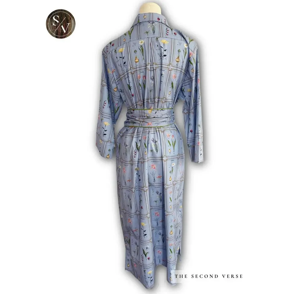 Holly Shae Spring Dress, Botanical Library Tie Waist Blue Midi Size M/L - Picture 2 of 12